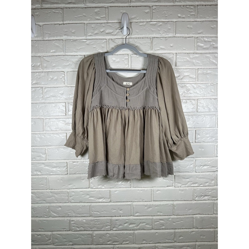Easel Azealia Medium Babydoll‎ Top Brown Boho Peasant Renaissance CottageCore